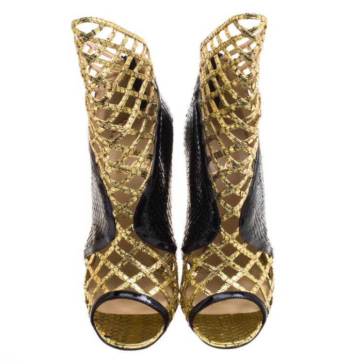Pre Owned Christian Louboutin Black and Gold Metallic Python Bougliona Cutout Peep Toe Booties Size 38.5