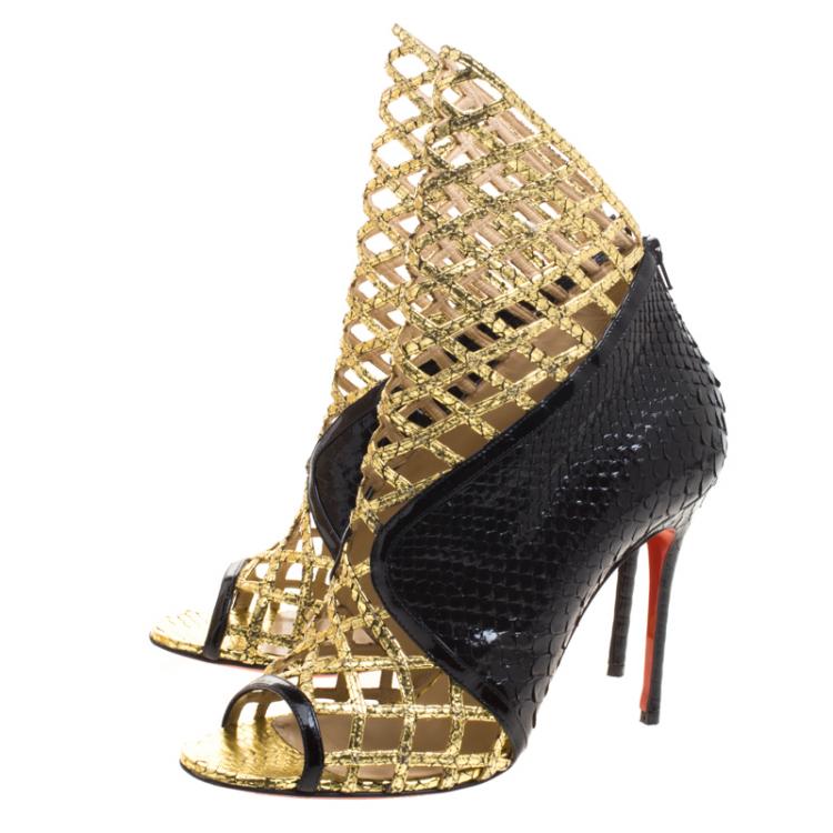 Pre Owned Christian Louboutin Black and Gold Metallic Python Bougliona Cutout Peep Toe Booties Size 38.5
