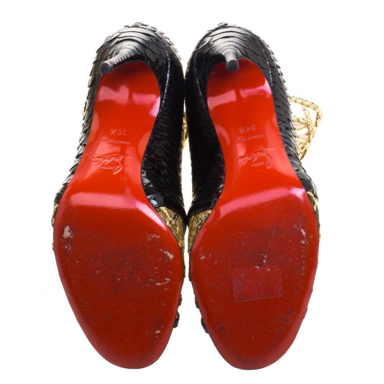 Pre Owned Christian Louboutin Black and Gold Metallic Python Bougliona Cutout Peep Toe Booties Size 38.5