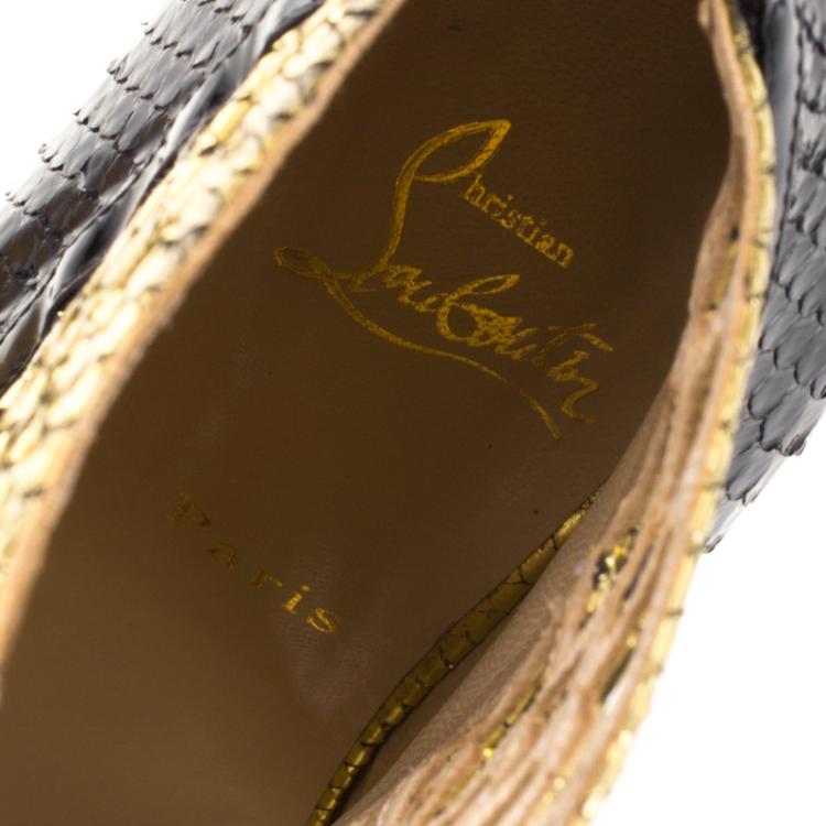 Pre Owned Christian Louboutin Black and Gold Metallic Python Bougliona Cutout Peep Toe Booties Size 38.5
