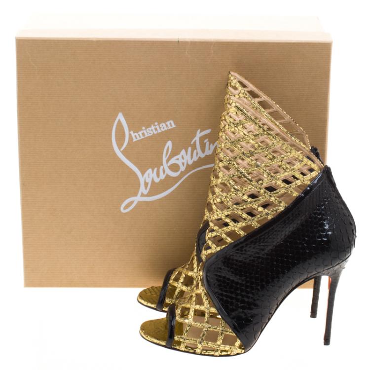 Pre Owned Christian Louboutin Black and Gold Metallic Python Bougliona Cutout Peep Toe Booties Size 38.5