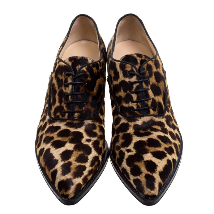 Pre Owned Christian Louboutin Leopard Print Calf Hair Zazou Pointed Toe Oxfords Size 40
