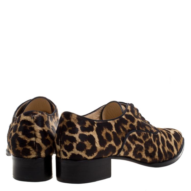 Pre Owned Christian Louboutin Leopard Print Calf Hair Zazou Pointed Toe Oxfords Size 40