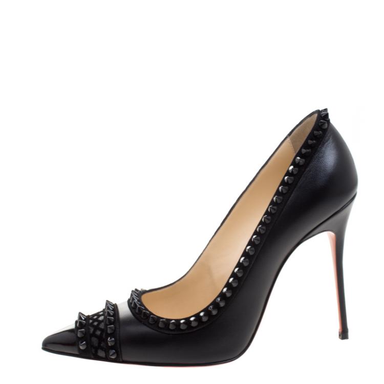 Pre Owned Christian Louboutin Black Leather and Suede Malabar Hill Spiked Pumps Size 39