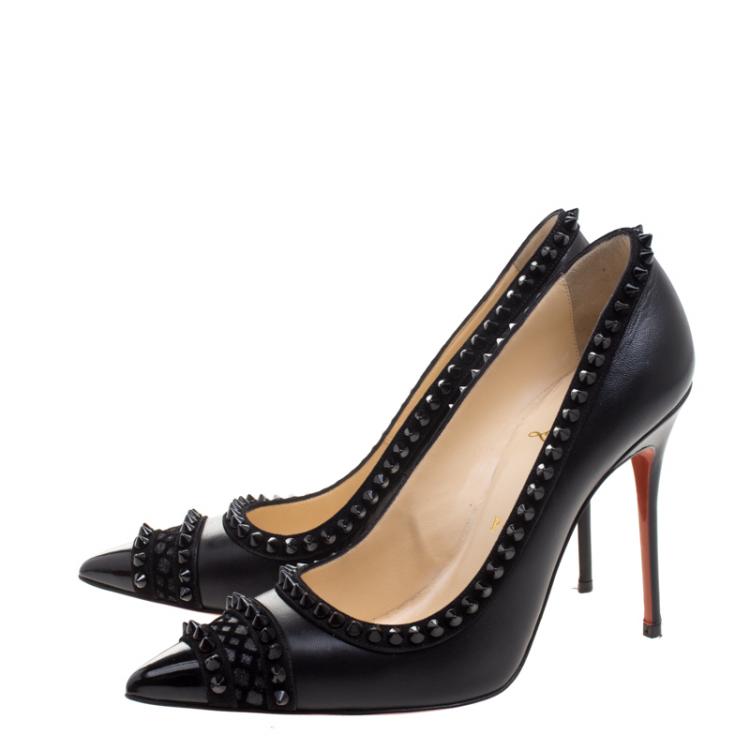Pre Owned Christian Louboutin Black Leather and Suede Malabar Hill Spiked Pumps Size 39