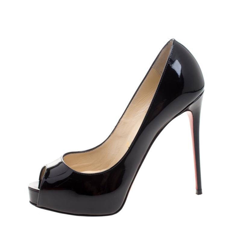 Pre Owned Christian Louboutin Black Patent Leather New Very Prive Peep Toe Pumps Size 35