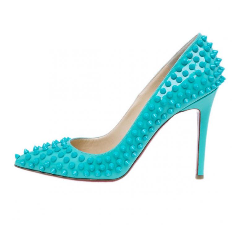 Pre Owned Christian Louboutin Turquoise Patent Pigalle Spikes Pumps Size 38