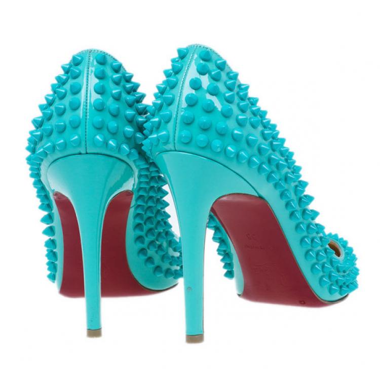 Pre Owned Christian Louboutin Turquoise Patent Pigalle Spikes Pumps Size 38