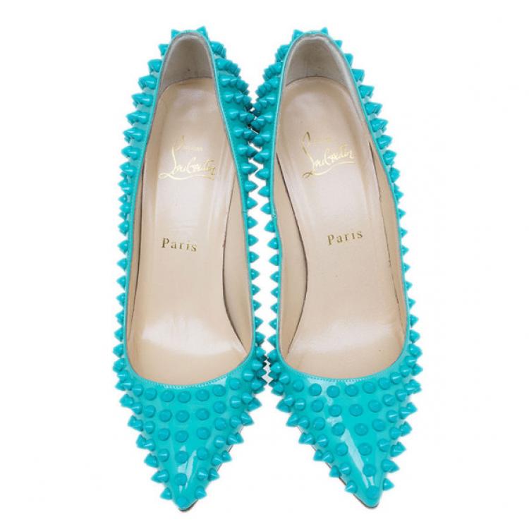 Pre Owned Christian Louboutin Turquoise Patent Pigalle Spikes Pumps Size 38