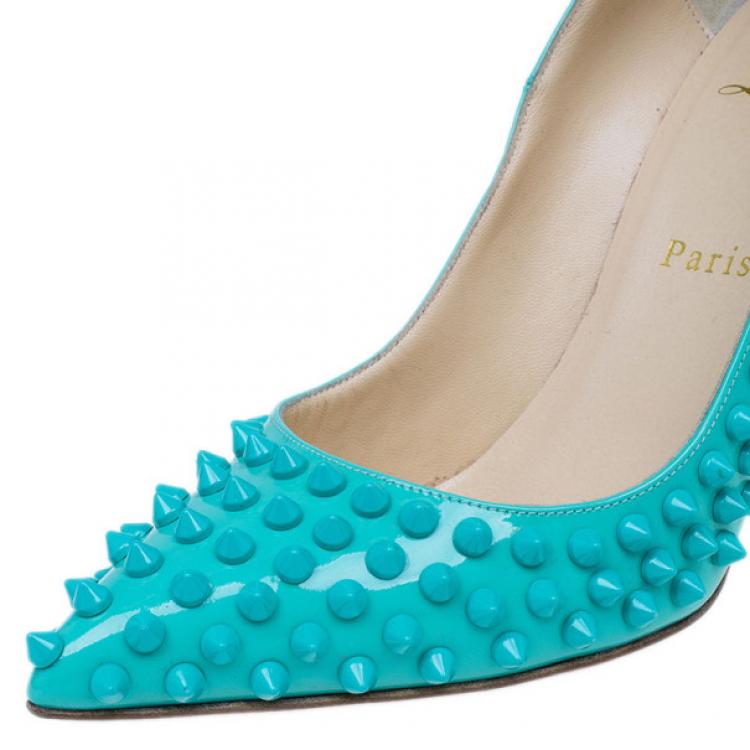 Pre Owned Christian Louboutin Turquoise Patent Pigalle Spikes Pumps Size 38