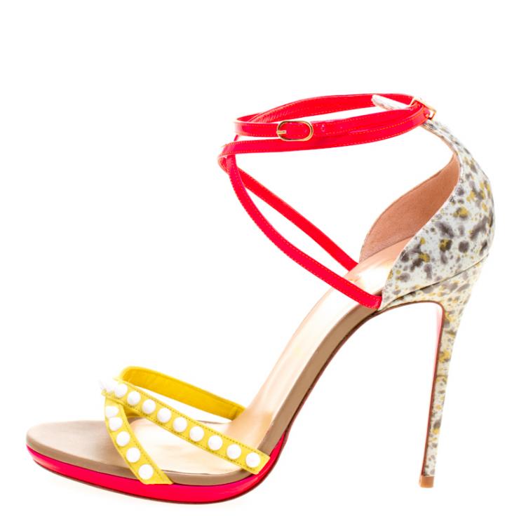 Pre Owned Christian Louboutin Multicolor Patent Leather and Suede Monocronana Cross Strap Spike Sandals Size 39