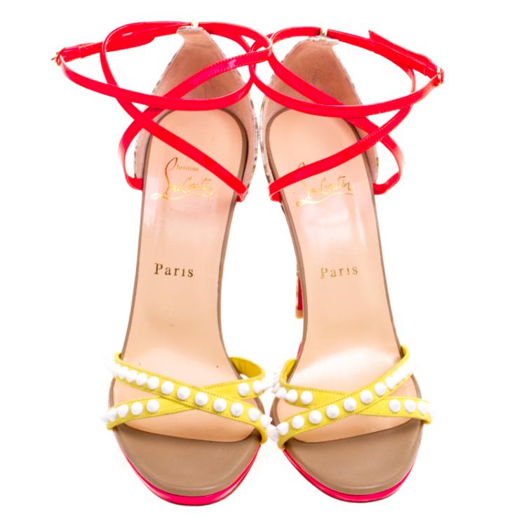Pre Owned Christian Louboutin Multicolor Patent Leather and Suede Monocronana Cross Strap Spike Sandals Size 39