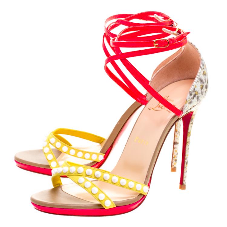 Pre Owned Christian Louboutin Multicolor Patent Leather and Suede Monocronana Cross Strap Spike Sandals Size 39