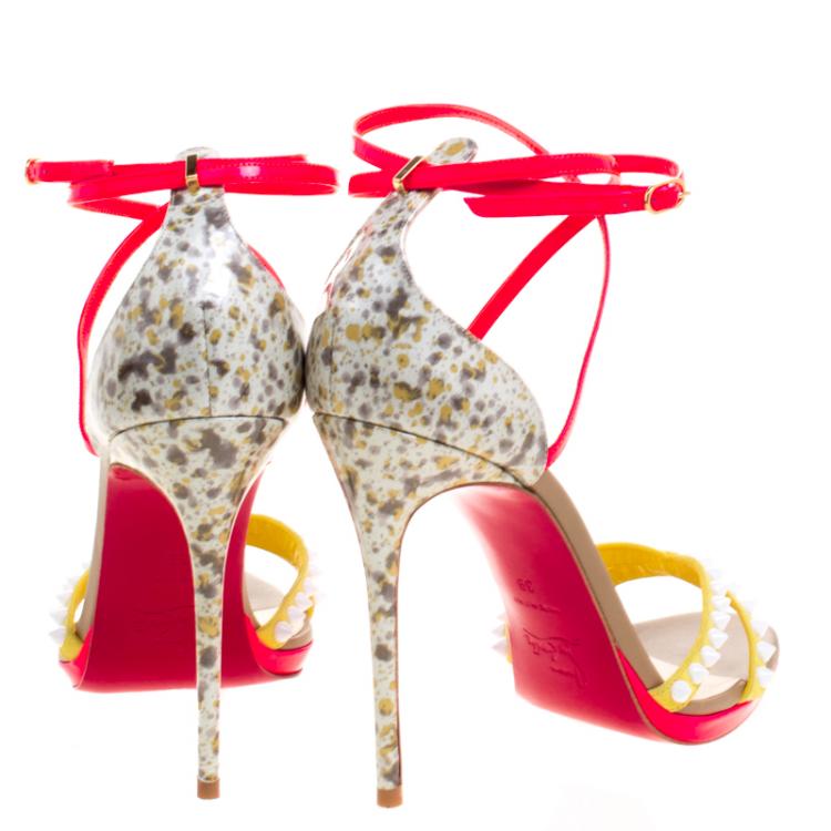 Pre Owned Christian Louboutin Multicolor Patent Leather and Suede Monocronana Cross Strap Spike Sandals Size 39