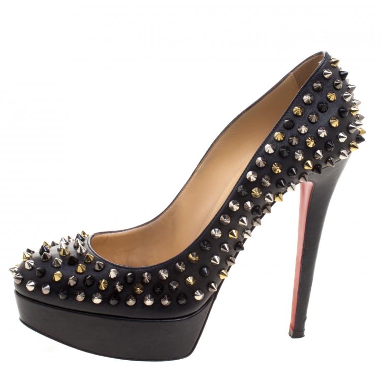 Pre Owned Christian Louboutin Black Leather Bianca Spike Platform Pumps Size 39