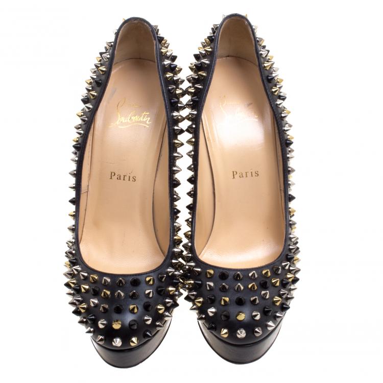 Pre Owned Christian Louboutin Black Leather Bianca Spike Platform Pumps Size 39