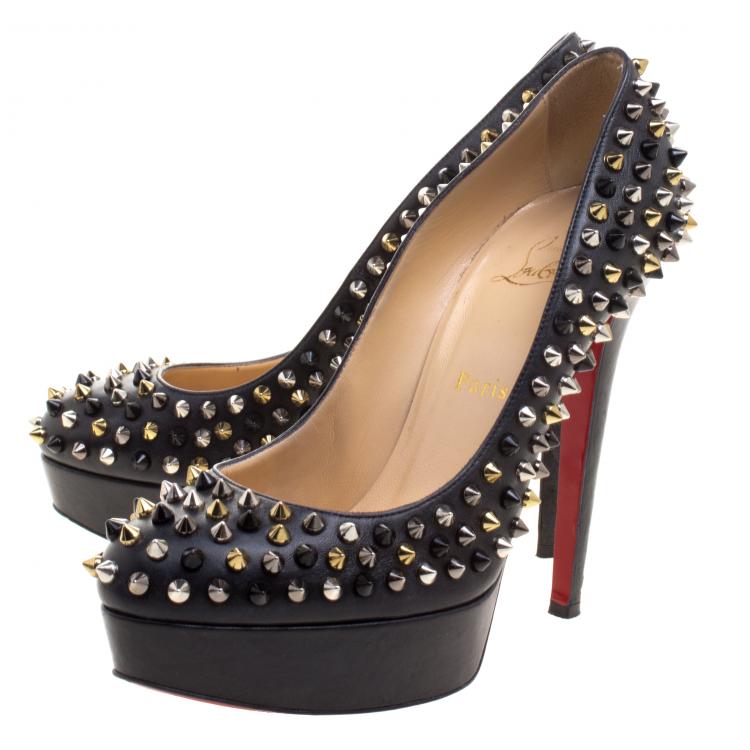 Pre Owned Christian Louboutin Black Leather Bianca Spike Platform Pumps Size 39