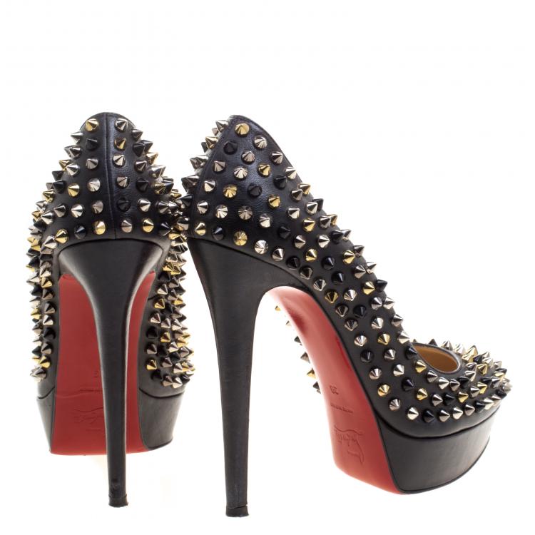 Pre Owned Christian Louboutin Black Leather Bianca Spike Platform Pumps Size 39