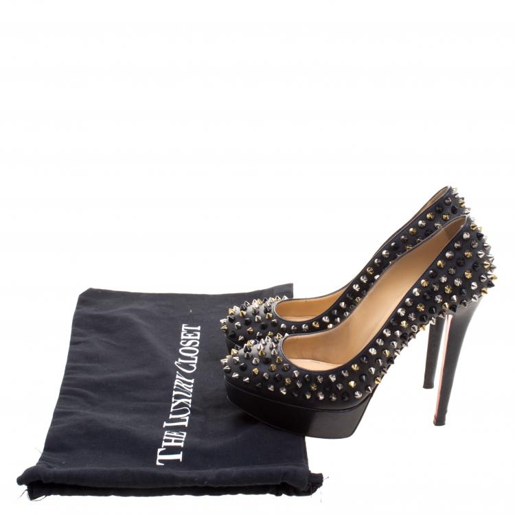 Pre Owned Christian Louboutin Black Leather Bianca Spike Platform Pumps Size 39