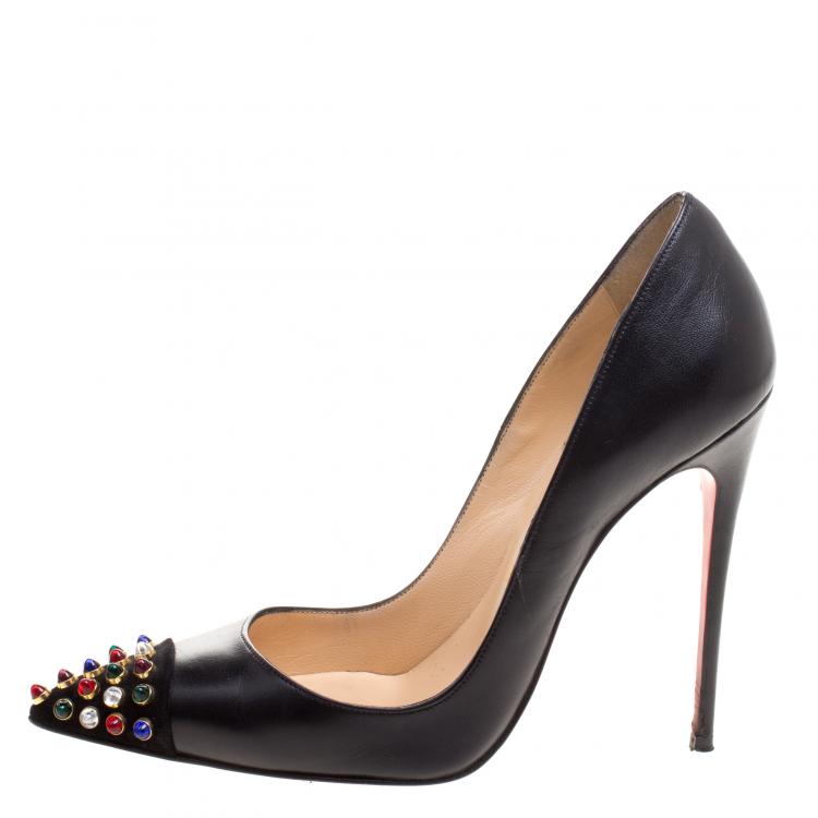 Pre Owned Christian Louboutin Black Embellished Leather Cabo Pumps Size 37.5
