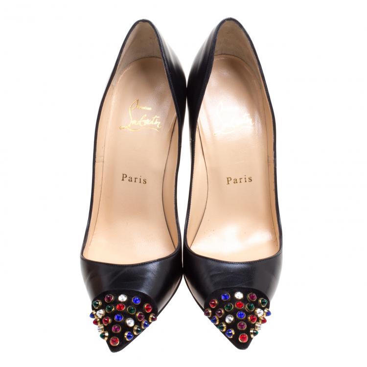 Pre Owned Christian Louboutin Black Embellished Leather Cabo Pumps Size 37.5