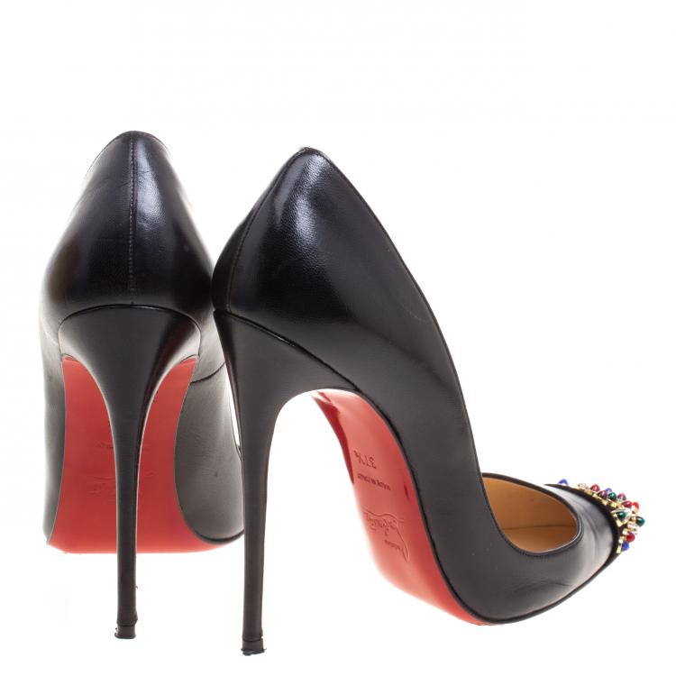 Pre Owned Christian Louboutin Black Embellished Leather Cabo Pumps Size 37.5