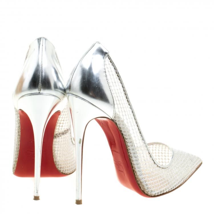Pre Owned Christian Louboutin Silver Mesh Follies Resille Pointed Toe Pumps Size 39