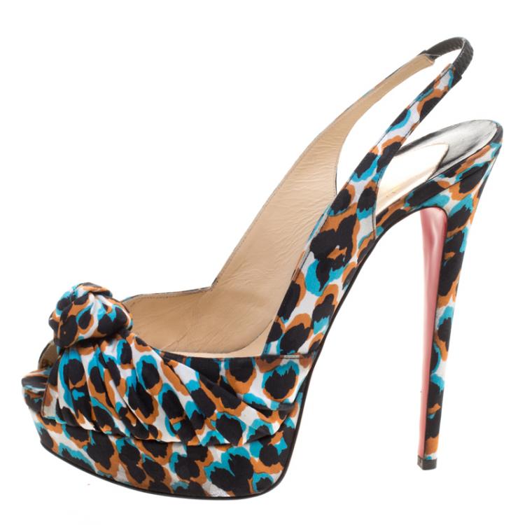 Pre Owned Christian Louboutin Multicolor Printed Silk Jenny Peep Toe Slingback Sandals Size 41