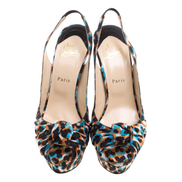 Pre Owned Christian Louboutin Multicolor Printed Silk Jenny Peep Toe Slingback Sandals Size 41