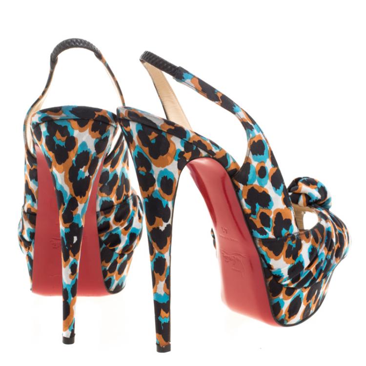Pre Owned Christian Louboutin Multicolor Printed Silk Jenny Peep Toe Slingback Sandals Size 41