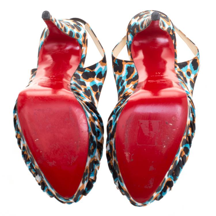 Pre Owned Christian Louboutin Multicolor Printed Silk Jenny Peep Toe Slingback Sandals Size 41