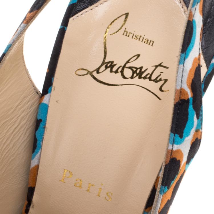 Pre Owned Christian Louboutin Multicolor Printed Silk Jenny Peep Toe Slingback Sandals Size 41