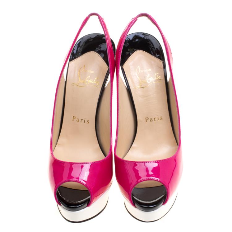 Pre Owned Christian Louboutin Tricolor Patent Leather Lady Peep Toe Platform Slingback Sandals Size 36.5