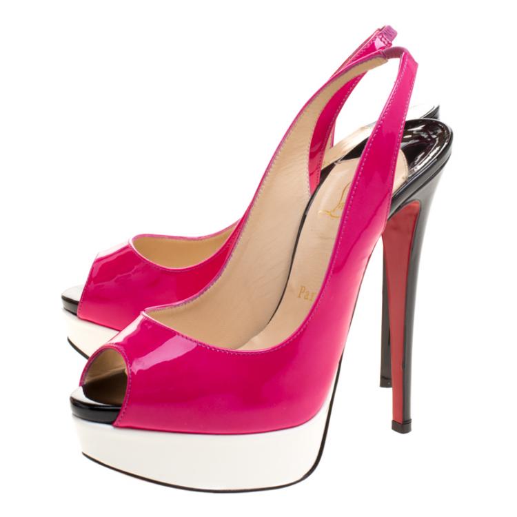 Pre Owned Christian Louboutin Tricolor Patent Leather Lady Peep Toe Platform Slingback Sandals Size 36.5