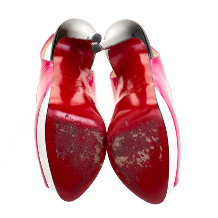 Pre Owned Christian Louboutin Tricolor Patent Leather Lady Peep Toe Platform Slingback Sandals Size 36.5