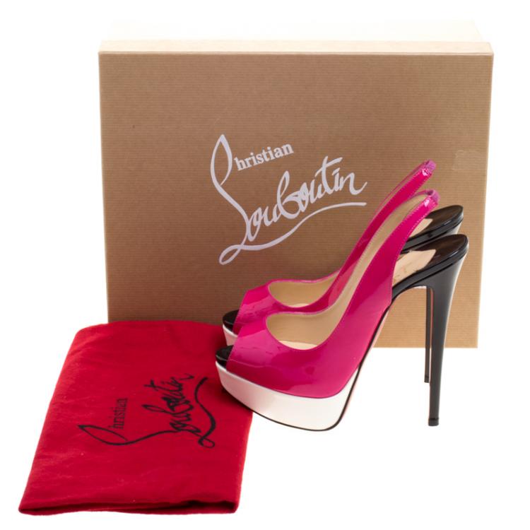 Pre Owned Christian Louboutin Tricolor Patent Leather Lady Peep Toe Platform Slingback Sandals Size 36.5