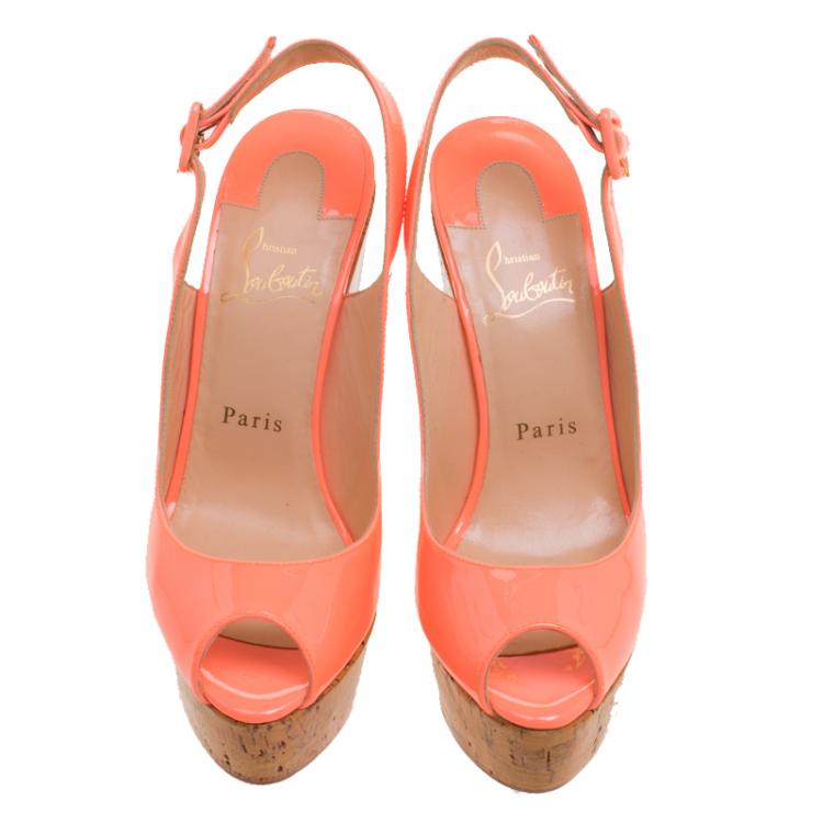 Pre Owned Christian Louboutin Florescent Pink Patent Leather Une Plume Peep Toe Slingback Cork Wedges Size 37