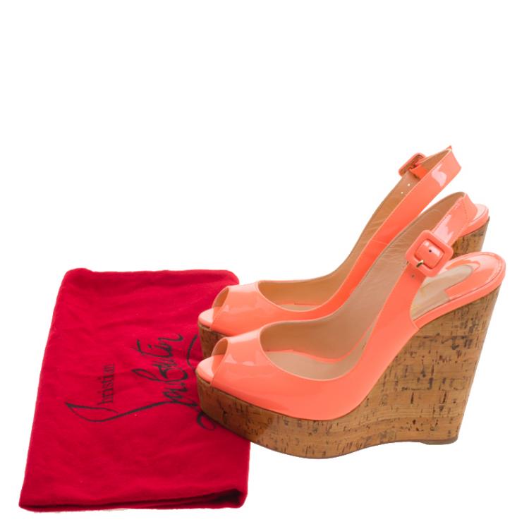 Pre Owned Christian Louboutin Florescent Pink Patent Leather Une Plume Peep Toe Slingback Cork Wedges Size 37