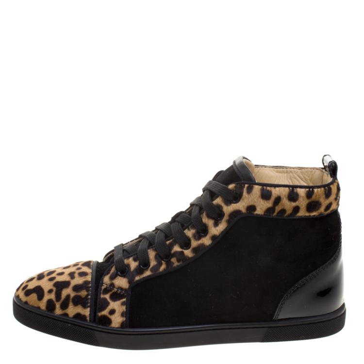 Pre Owned Christian Louboutin Leopard Print Pony Hair And Suede Bip-Bip High Top Sneakers Size 38.5