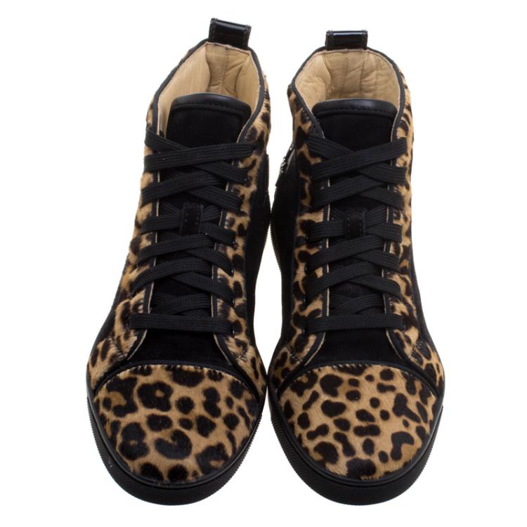 Pre Owned Christian Louboutin Leopard Print Pony Hair And Suede Bip-Bip High Top Sneakers Size 38.5