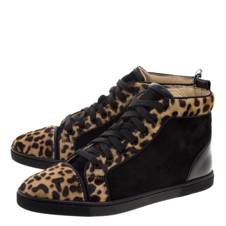 Pre Owned Christian Louboutin Leopard Print Pony Hair And Suede Bip-Bip High Top Sneakers Size 38.5