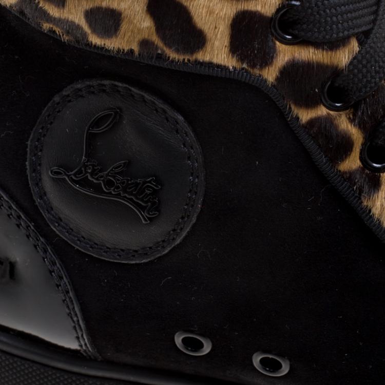 Pre Owned Christian Louboutin Leopard Print Pony Hair And Suede Bip-Bip High Top Sneakers Size 38.5
