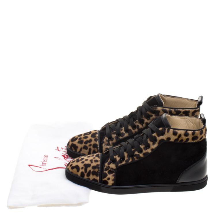 Pre Owned Christian Louboutin Leopard Print Pony Hair And Suede Bip-Bip High Top Sneakers Size 38.5