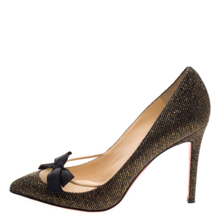 Pre Owned Christian Louboutin Black Glitter Lamè Love Me Bow Pointed Toe Pumps Size 39