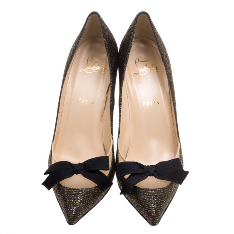Pre Owned Christian Louboutin Black Glitter Lamè Love Me Bow Pointed Toe Pumps Size 39
