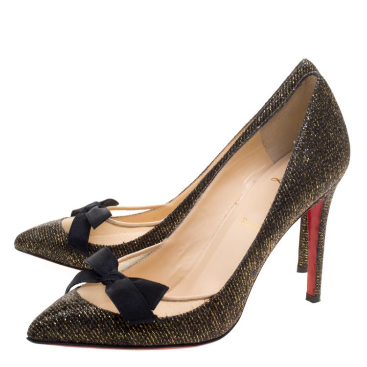 Pre Owned Christian Louboutin Black Glitter Lamè Love Me Bow Pointed Toe Pumps Size 39