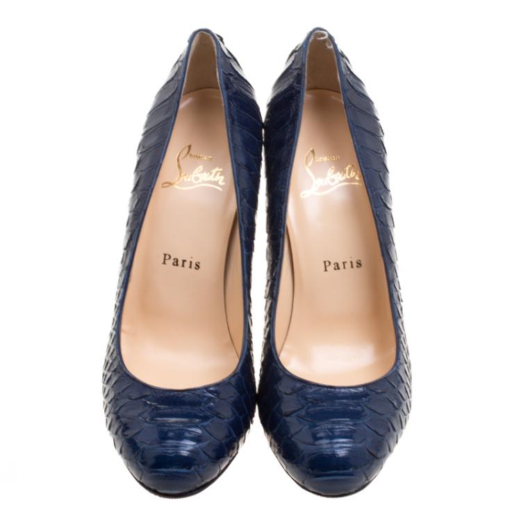 Pre Owned Christian Louboutin Blue Gloss Python Leather Fifi Pumps Size 37