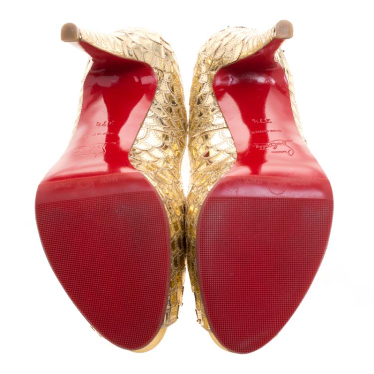 Pre Owned Christian Louboutin Metallic Gold Scaled Leather Poseidon Peep Toe Pumps Size 37.5