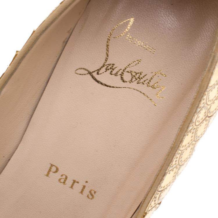 Pre Owned Christian Louboutin Metallic Gold Scaled Leather Poseidon Peep Toe Pumps Size 37.5