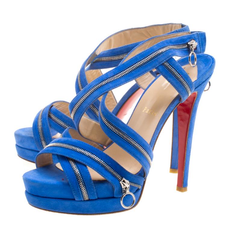 Pre Owned Christian Louboutin Blue Suede Rodita Zipper Detail Cross Strap Platform Sandals Size 39